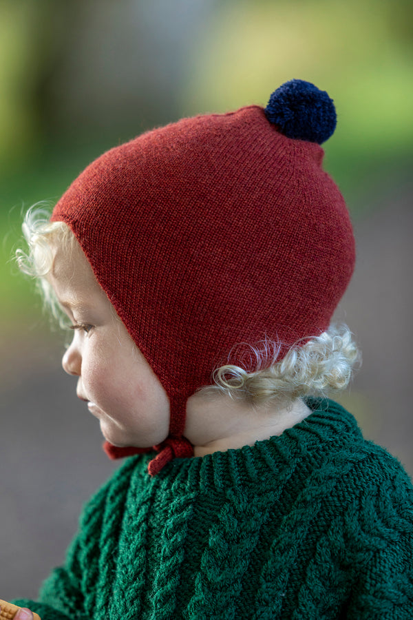 Cashmere Baby Bonnet, Brunette with Blackberry Pom