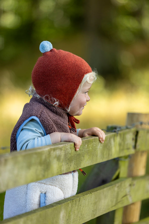 Cashmere Baby Bonnet, Rust with Spa Blue Pom