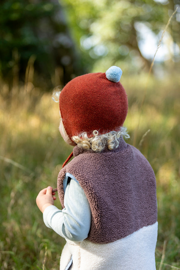 Cashmere Baby Bonnet, Rust with Spa Blue Pom