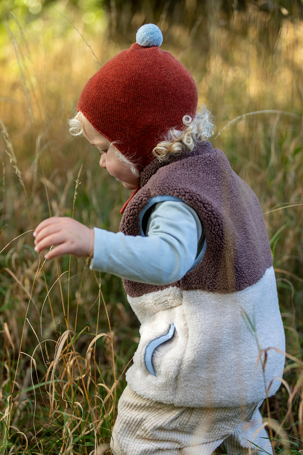 Cashmere Baby Bonnet, Rust with Spa Blue Pom