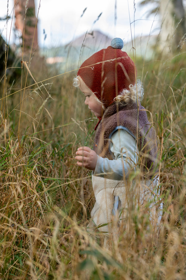 Cashmere Baby Bonnet, Rust with Spa Blue Pom