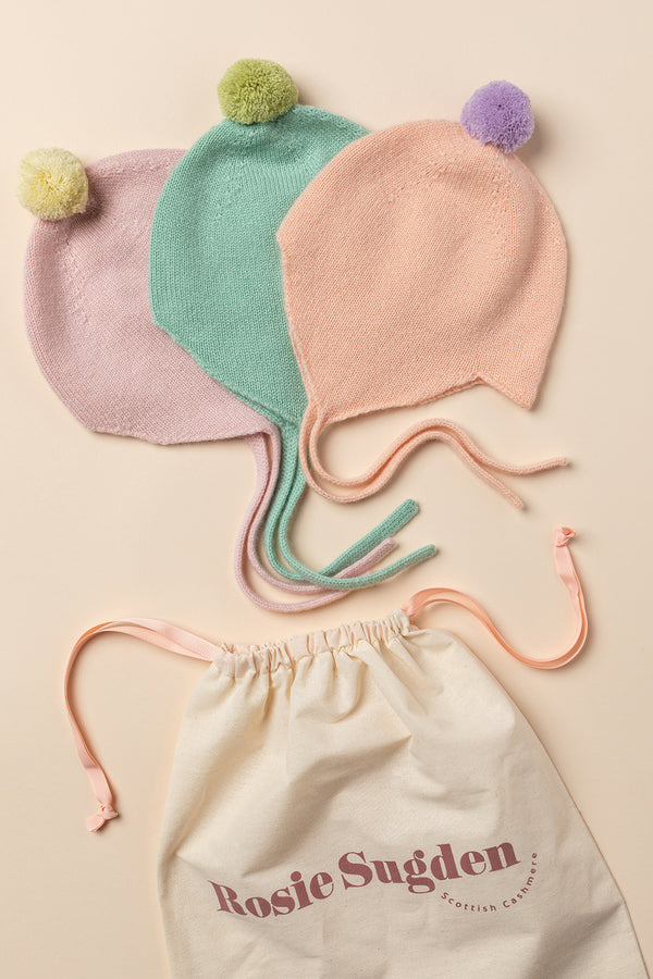 Cashmere Baby Bonnet, Peach + Lupin Pom