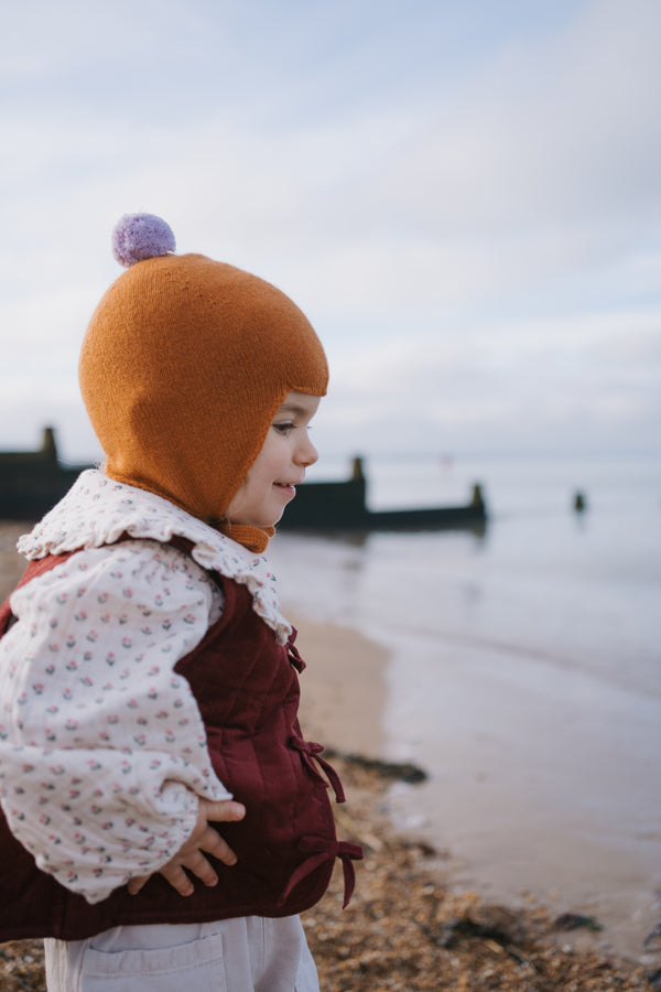 Cashmere Baby Bonnet, Ginger with Lupin Pom-Pom