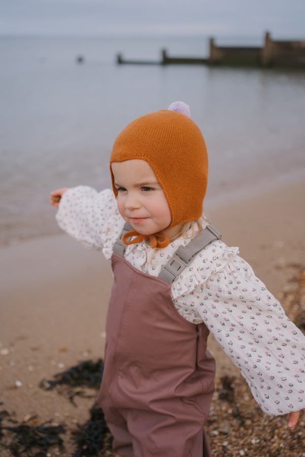 Cashmere Baby Bonnet, Ginger with Lupin Pom-Pom
