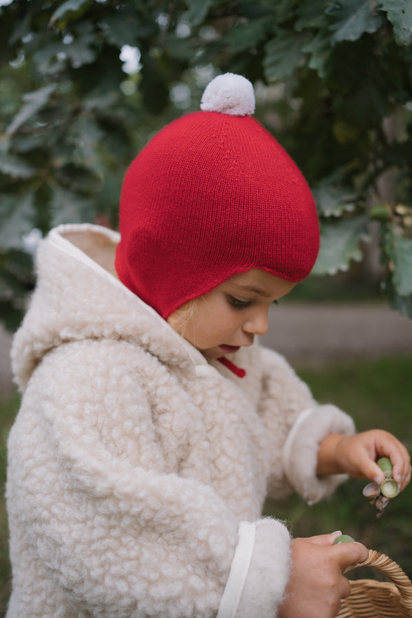 "My First Christmas" Cashmere Baby Bonnet, Festive Red with White Pom