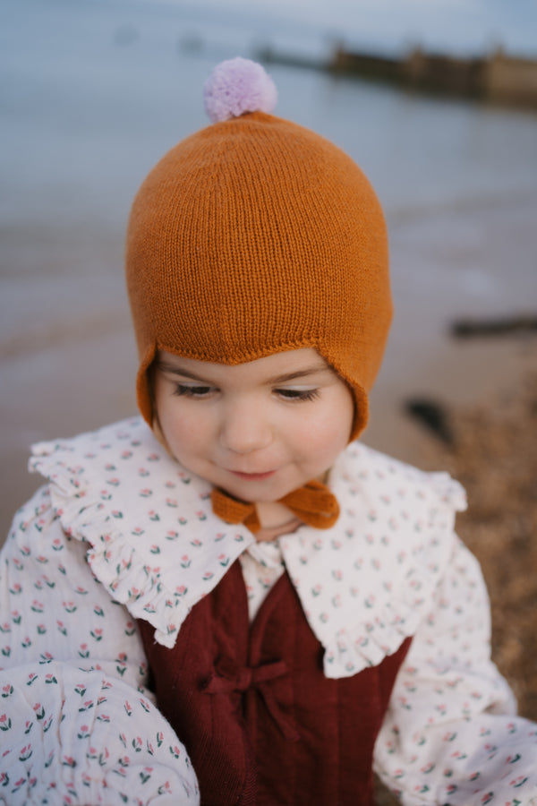 Cashmere Baby Bonnet, Ginger with Lupin Pom-Pom