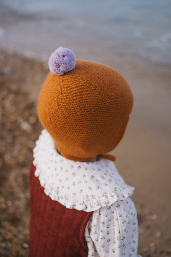 Cashmere Baby Bonnet, Ginger with Lupin Pom-Pom