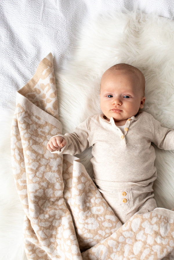 Cashmere Leopard Baby Blanket, Linen & Swan White