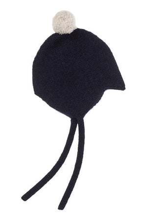 Rosie Sugden Cashmere’s Baby Bonnet in Navy with Misty Grey Pom-Pom