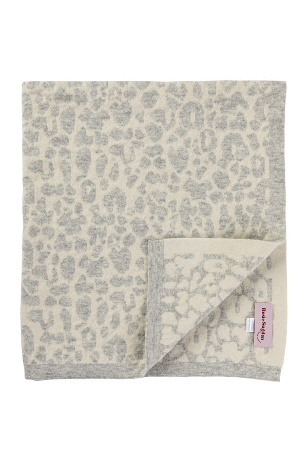 Rosie Sugden Cashmere’s Leopard Baby Blanket in Earl Grey & Swan White